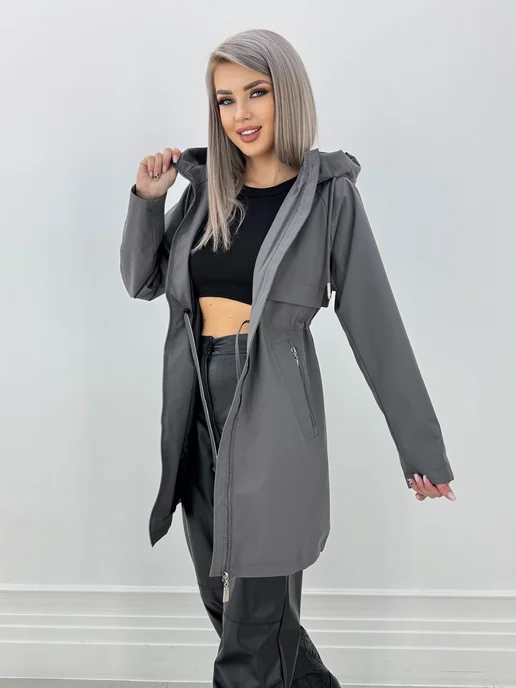 NaNa Fashion Плащ женский осень-весна с капюшоном укороченный, серый, фото 2