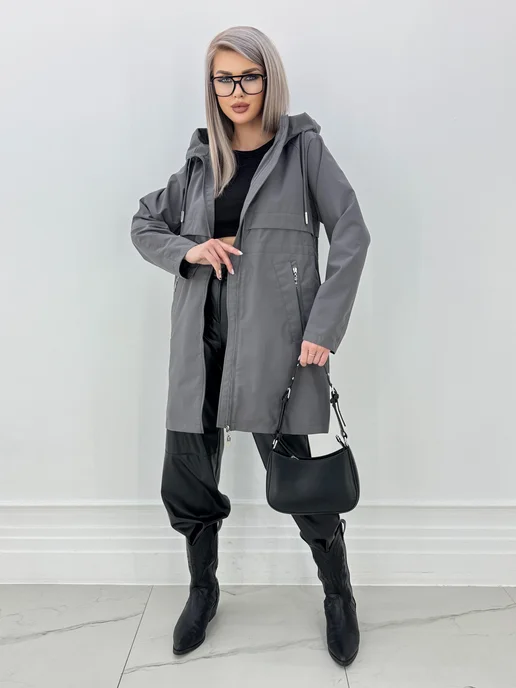NaNa Fashion Плащ женский осень-весна с капюшоном укороченный, серый, фото 3