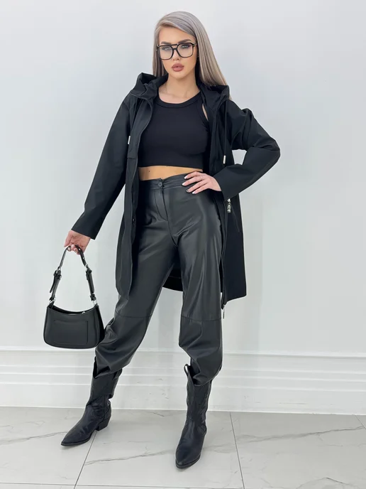NaNa Fashion Плащ женский осень-весна с капюшоном укороченный, черный, фото 2