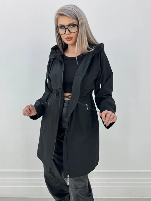 NaNa Fashion Плащ женский осень-весна с капюшоном укороченный, черный, фото 3