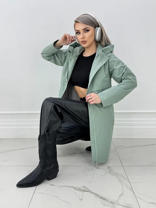 NaNa Fashion Плащ женский осень-весна с капюшоном укороченный, зеленый, фото 2