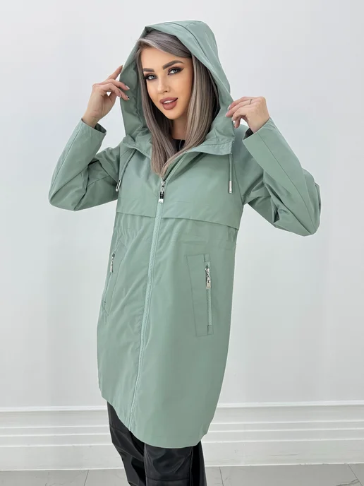 NaNa Fashion Плащ женский осень-весна с капюшоном укороченный, зеленый, фото 3