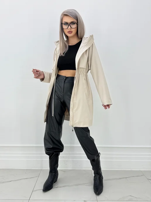 NaNa Fashion Плащ женский осень-весна с капюшоном укороченный, бежевый, фото 2