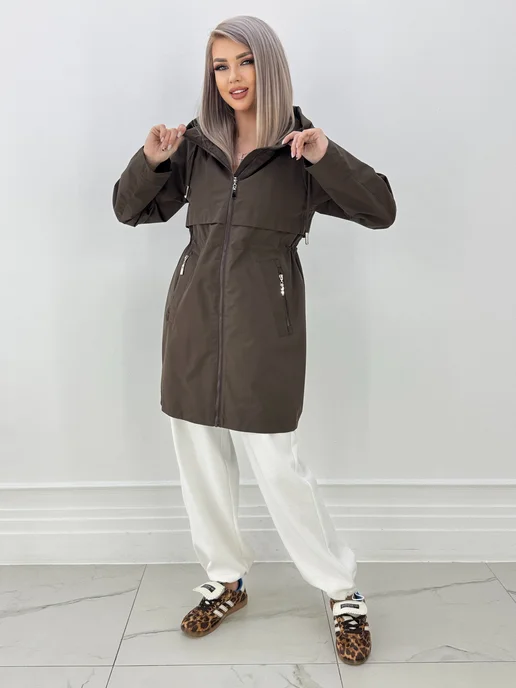 NaNa Fashion Плащ женский осень-весна с капюшоном укороченный, коричневый, фото 2
