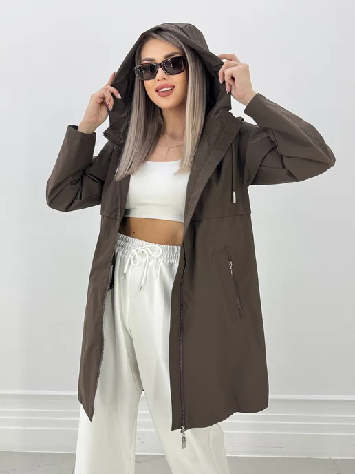 NaNa Fashion Плащ женский осень-весна с капюшоном укороченный, коричневый, фото 3