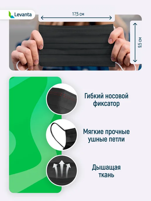 Медицинские маски одноразовые, черный, фото 3