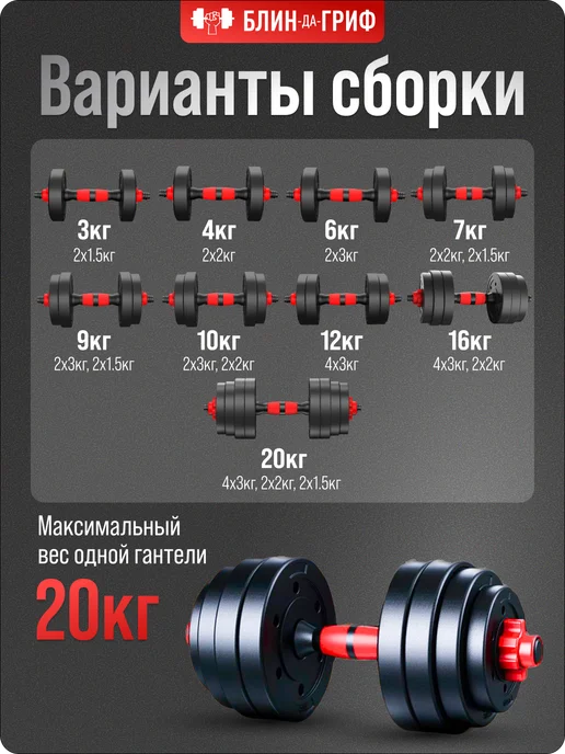 BDGPRO Гантель разборная 20 кг 1 шт спортивный инвентарь, 20 кг, 1 шт, фото 4