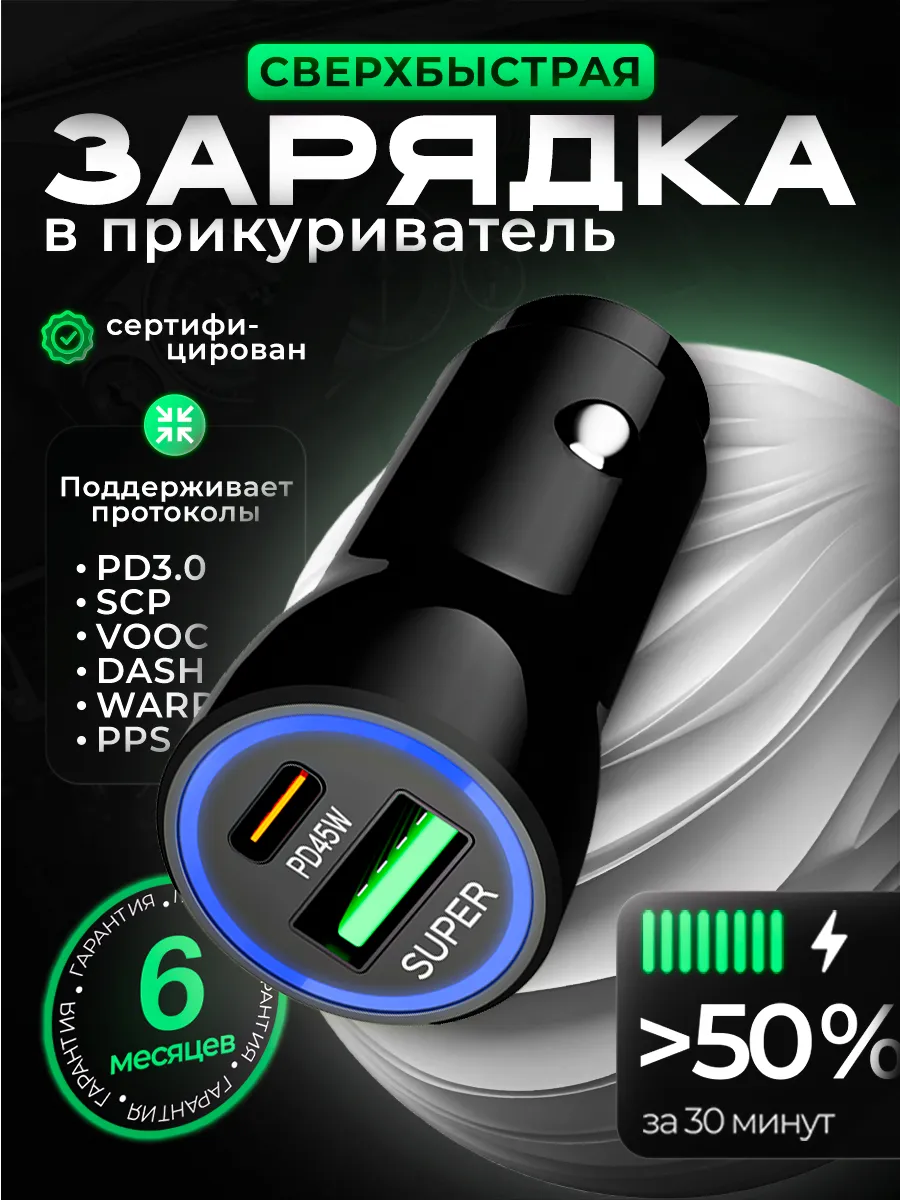 Быстрая зарядка type-c для iphone в прикуриватель машины