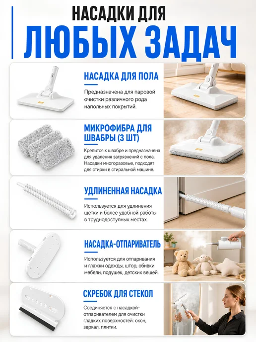 SOP-Device Паровая швабра с насадками для уборки и мытья дома, вариант, фото 4