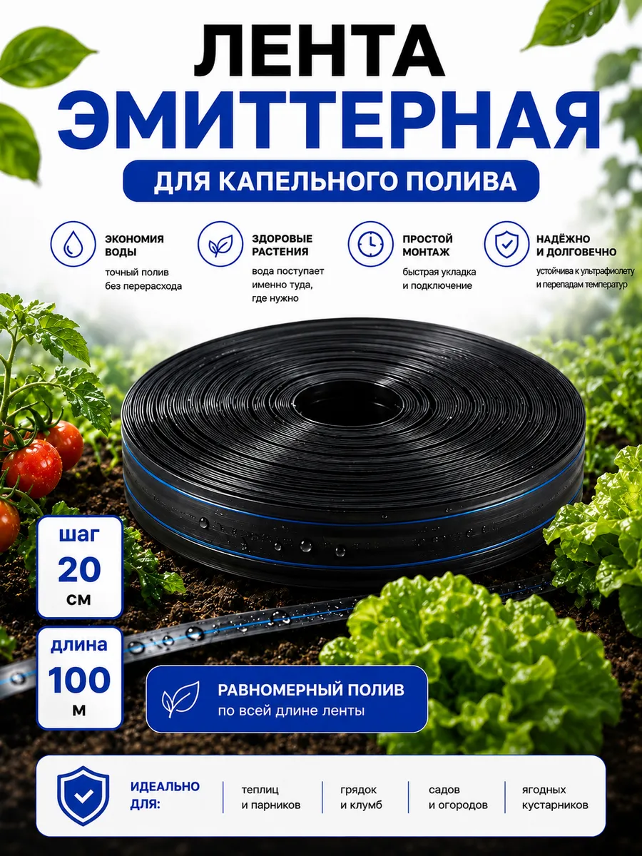 Капельная лента эмиттерная, 100 метров шаг 20 см