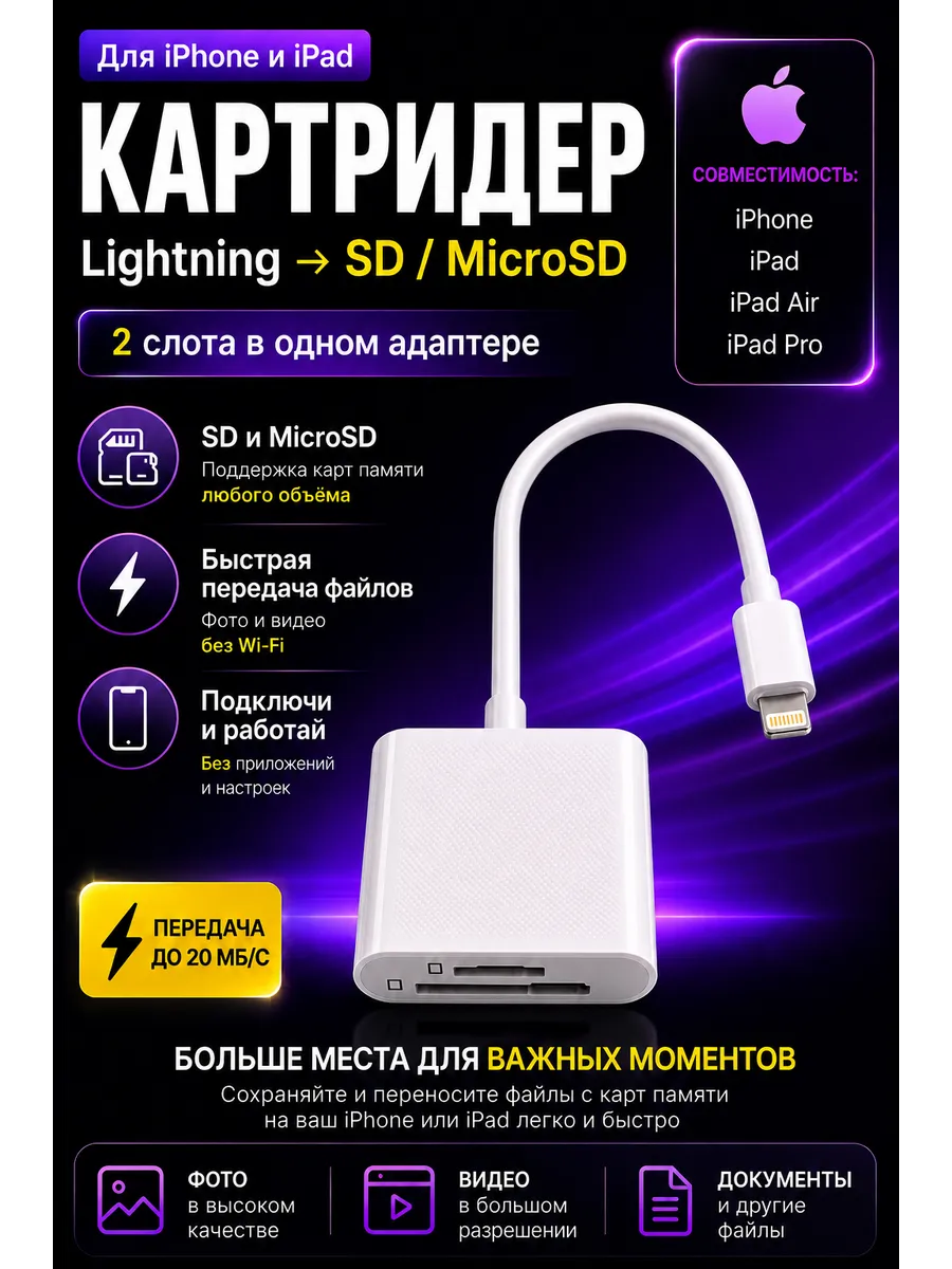 Картридер для Iphone lightning - SD и MicroSD