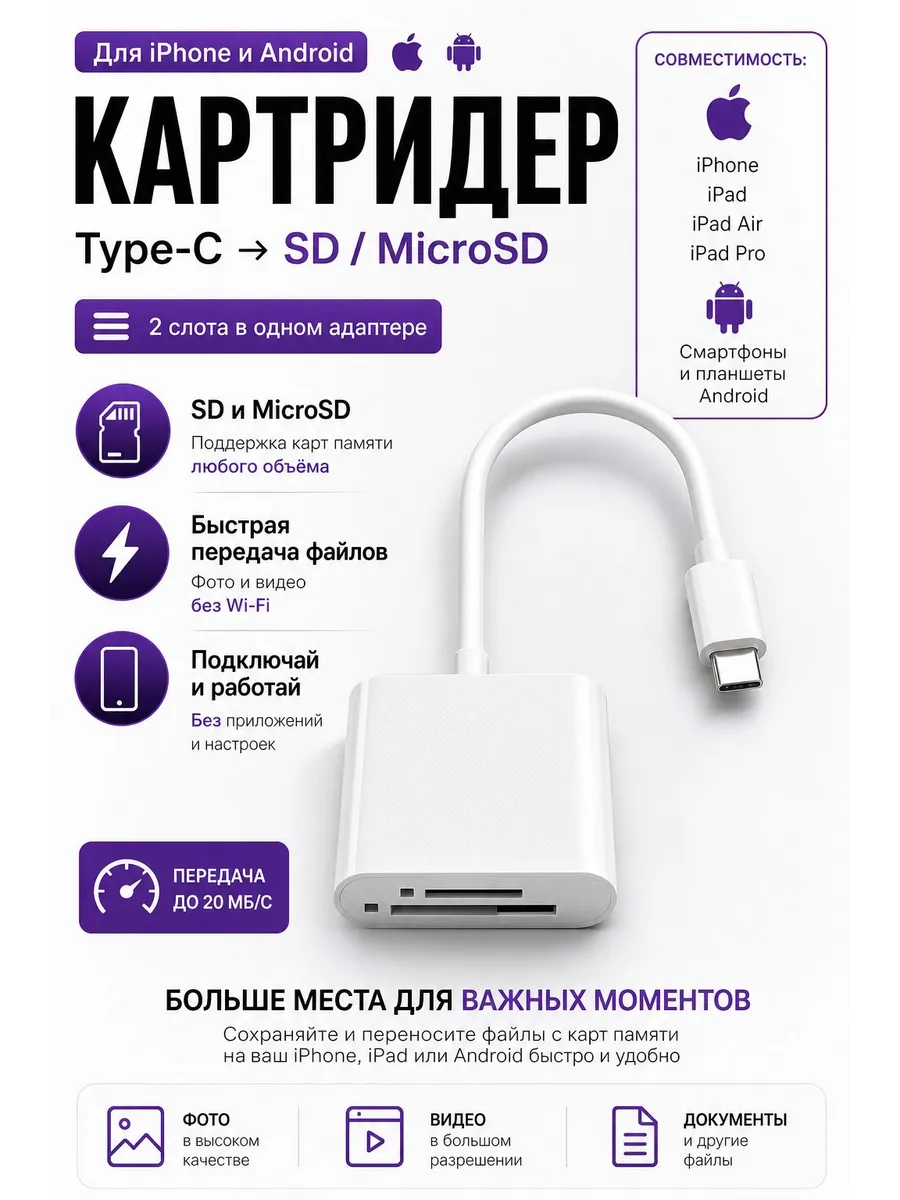 Картридер адаптер для Type C- SD и MicroSD