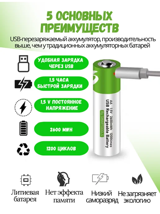 Аккумуляторные батарейки АА аккумулятор от USB Пальчиковые, 4 шт, фото 2
