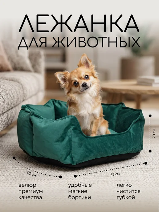 Усатая девчонка Лежанка для собак и кошек мелких и средних пород, зеленый