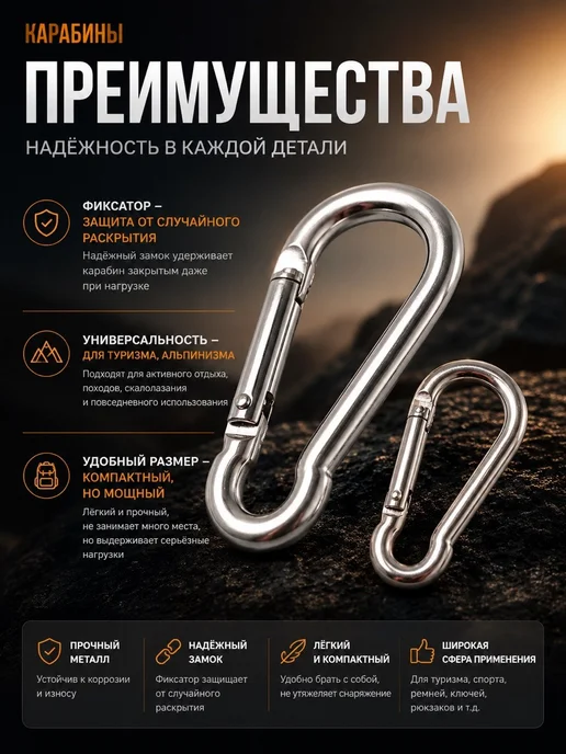 ЛАСКА карабин с винтовым замком для туризма и отдыха 90мм, серый, фото 2