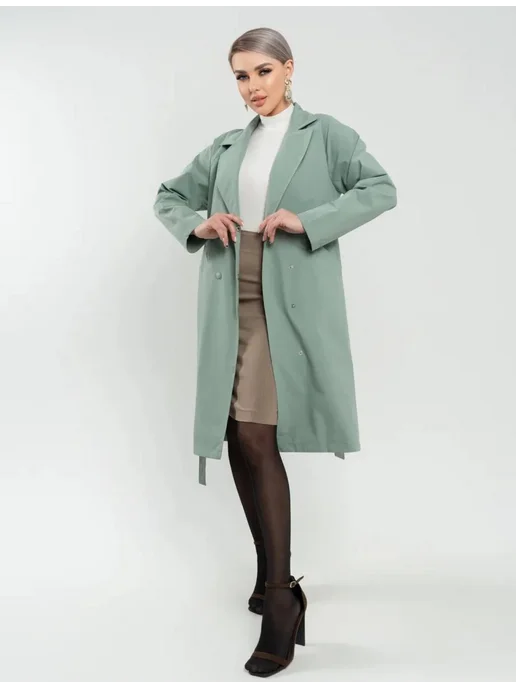 DH Fashion Плащ тренчкот женский демисезонный, зеленый