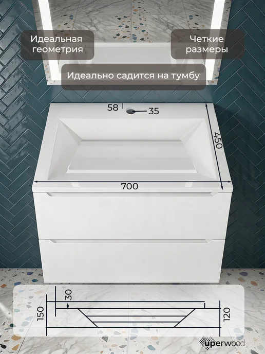 uperwood Раковина для ванной Olivia 70 см, с щелевым сливом, вариант, фото 2