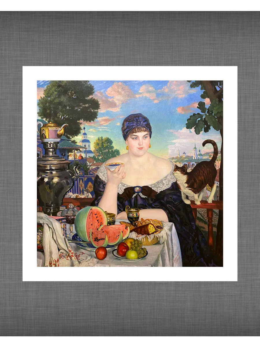 "Купчиха за чаем", Кустодиев (искусст.полотно, 40х40 см)