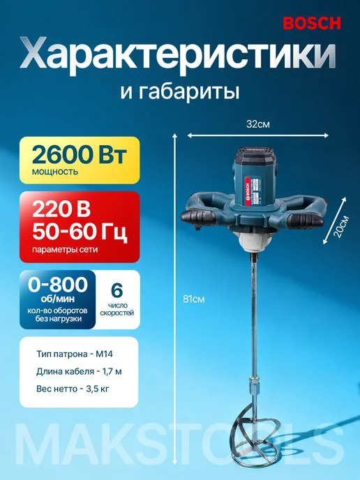 Миксер строительный для раствора электрический, синий, фото 6