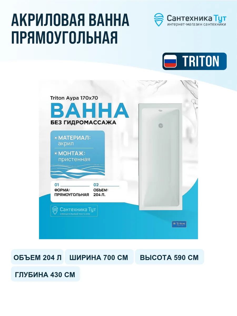 Тритон Ванна акриловая прямоугольная ТРИТОН Аура 170 (1700х700х430) — купить в Алматы