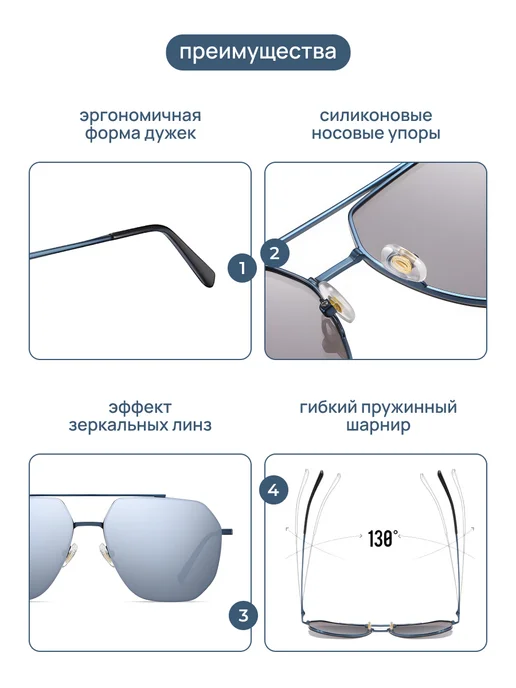 VITAKAI Очки солнцезащитные мужские зеркальные, синий, фото 3