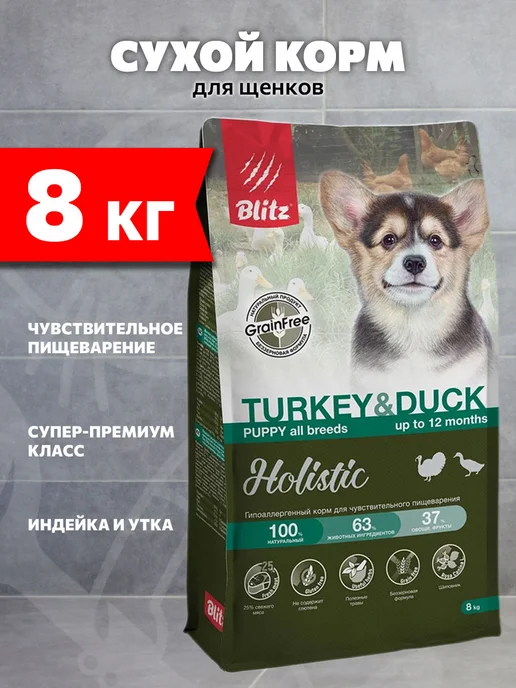 Сухой корм BLITZ Пищеварения для собак, щенки, индейка, утка, 8 кг