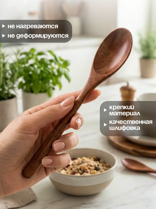 Ложка деревянная для еды, бежевый, фото 4