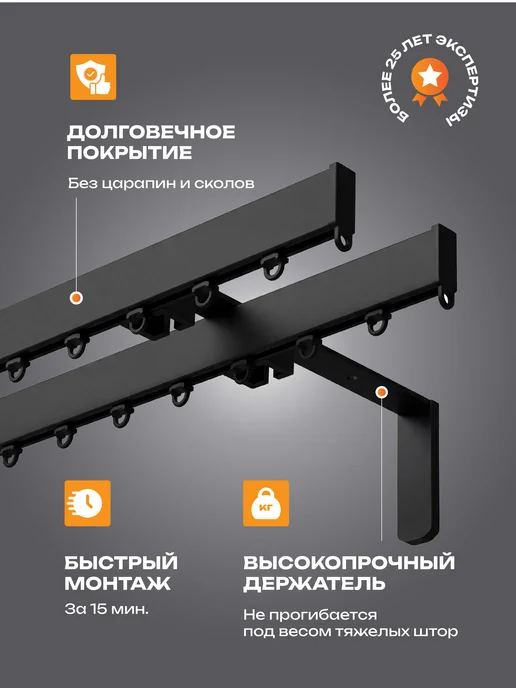 Decofest Карниз настенный двухрядный 300 см гардина для штор, черный, фото 2