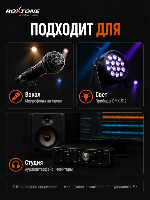 Roxtone XLR XLR кабель для микрофона 1 метр, 1 м, фото 5