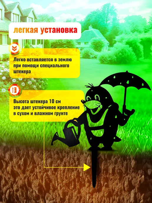 Borokot Фигурка садовая "Крот с зонтиком" декоративная из металла, черный, фото 5