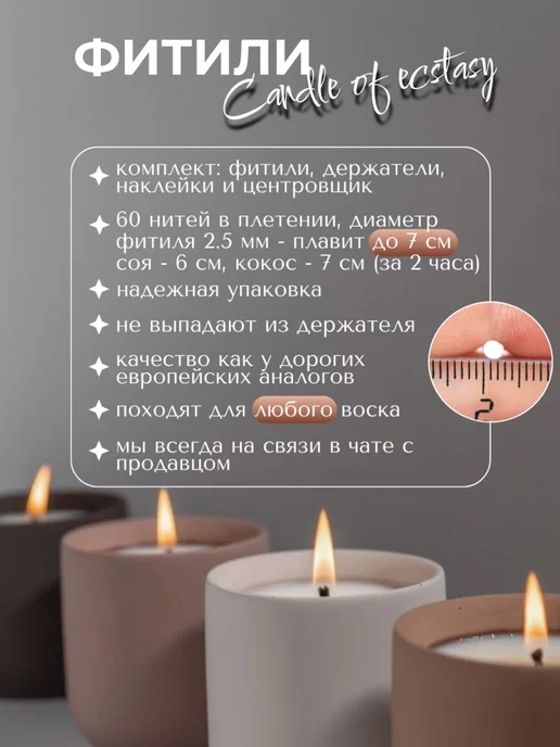 Candle of ECSTASY Фитили для свечей хлопковые вощеные с держателем 100 штук, белый, фото 3