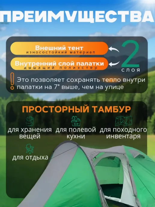mircamping Палатка туристическая 4 местная с тамбуром Mir Camping, зеленый, фото 4