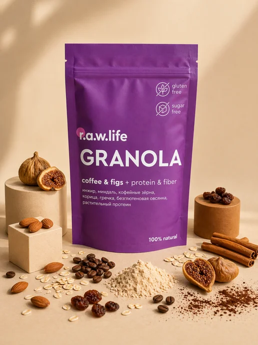 R.A.W.LIFE Гранола без сахара протеиновая Кофе-Инжир 220гр, 3 шт, 220 г, фото 5