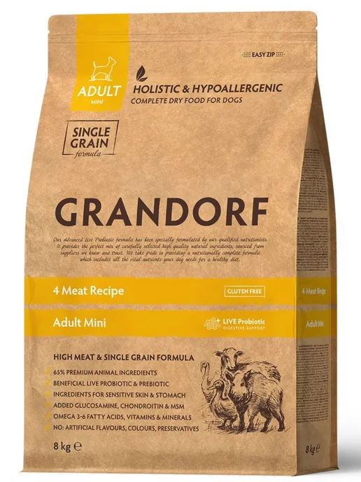 Сухой корм Grandorf' Meat Пробиотик для собак, взрослые, мелкие, мясо, 8 кг
