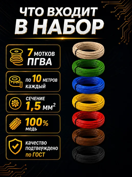 ГЛОБАЛКАБЕЛЬ GLOBALCABLE Провод автомобильный ПГВА 1,5 мм² набор 7 шт по 10 метров, 7 шт, 10 м, фото 3
