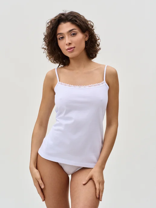 Кыштымский трикотаж Майка белая с кружевом тонкая бретель КТ wear, белый, фото 4
