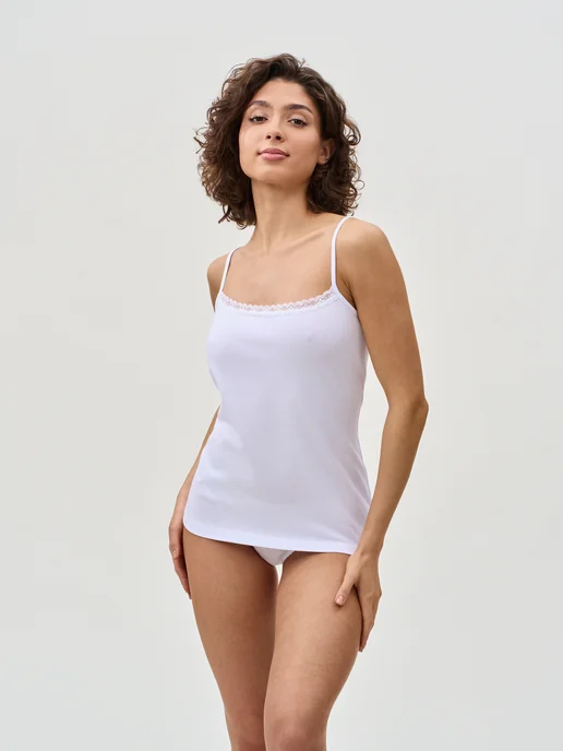 Кыштымский трикотаж Майка белая с кружевом тонкая бретель КТ wear, белый, фото 7