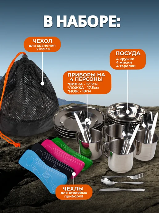 Hot поход Набор посуды для пикника туристический на 4 персоны, серый, фото 2