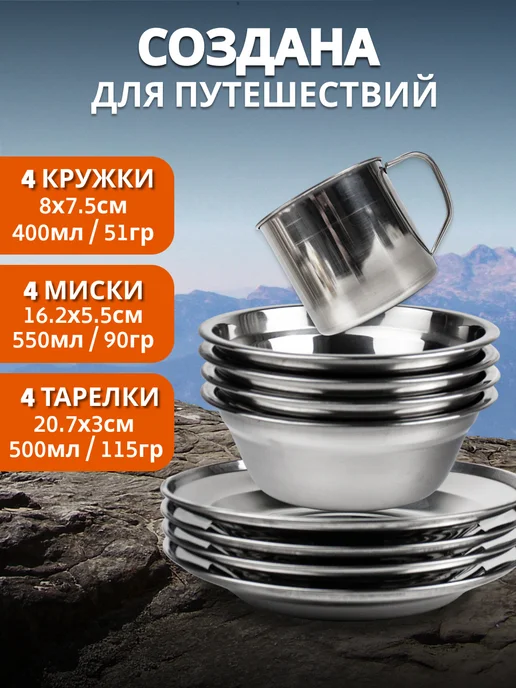 Hot поход Набор посуды для пикника туристический на 4 персоны, серый, фото 3