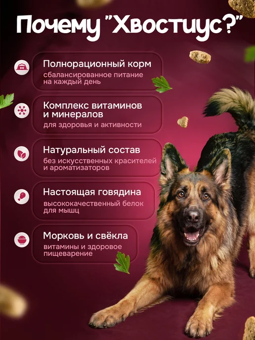 Сухой корм ХВОСТиУС для собак, крупные, говядина, 3 кг, фото 2