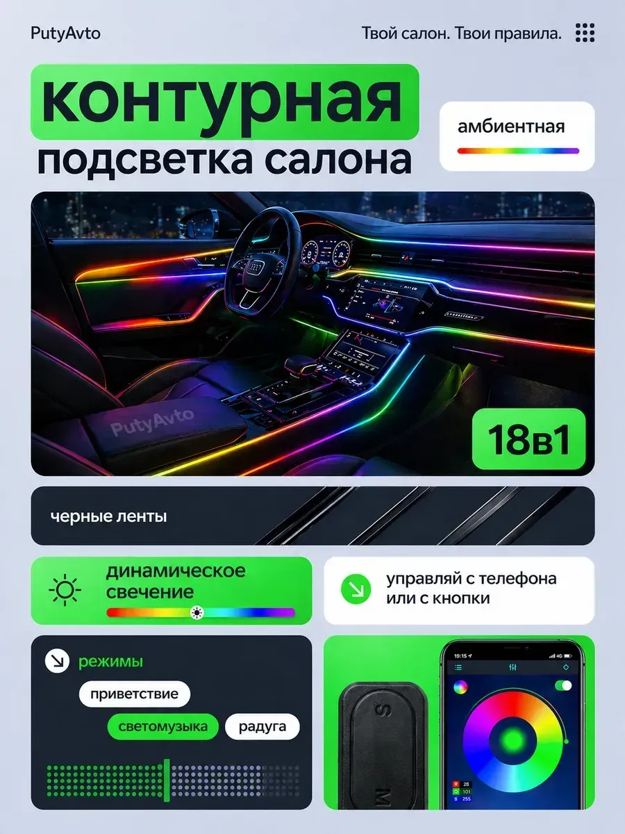 Черная контурная подсветка в салон авто Ambient Light 18в1