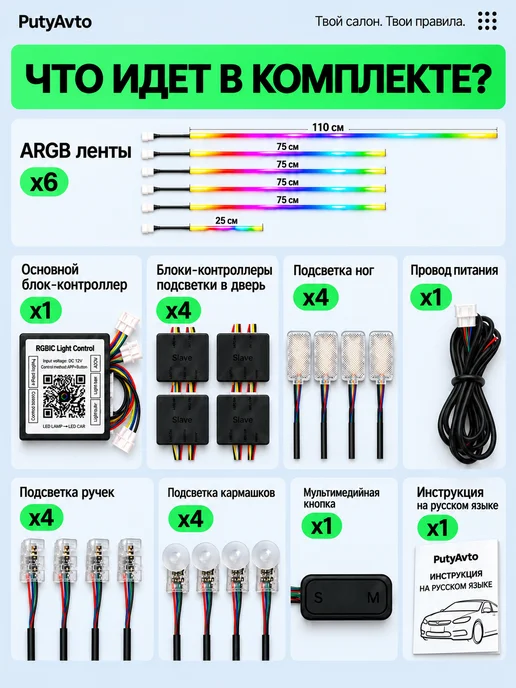 PutyAvto Подсветка салона автомобиля 22в1 контурная амбиентная, черный, фото 6