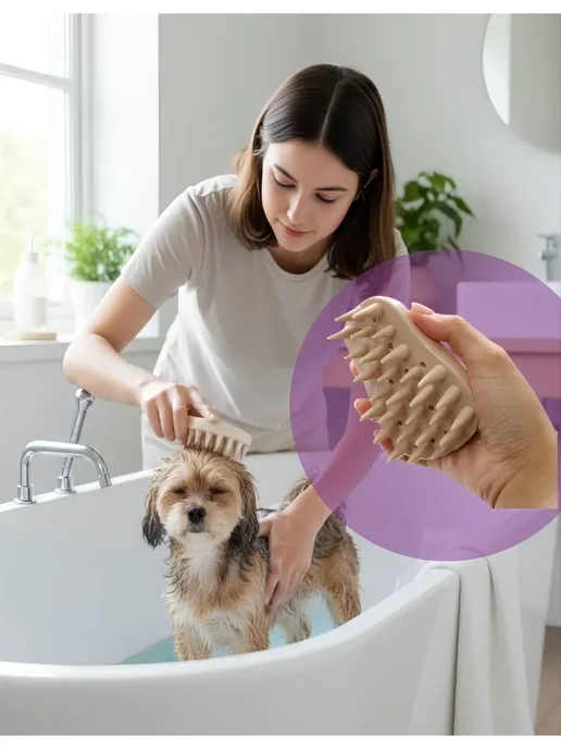 Japan Premium Pet Силиконовая щетка для купания собак и кошек, бежевый