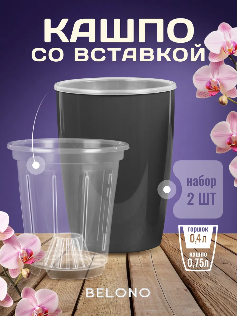 Кашпо со вставкой 0,75л/0,4л - набор из 2шт графит