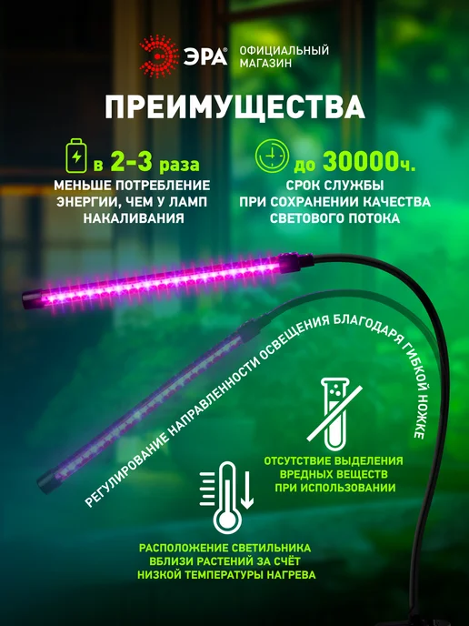 ЭРА Фитолампа на прищепке красно-синего спектра 20Вт, 20 Вт, фото 2
