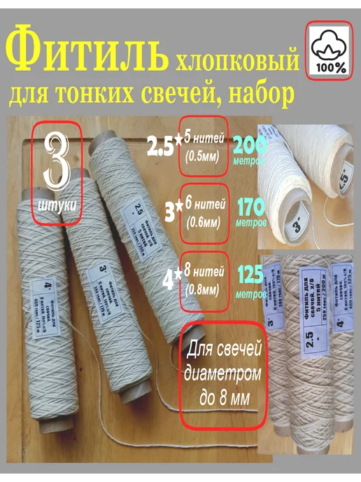 Фитиль хлопковый крученый для больших свечей набор 3 ед, бежевый