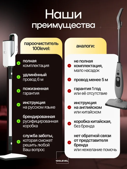 100level Паровая швабра для пола с насадками пароочиститель, белый, фото 2