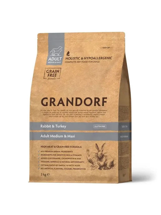 Сухой корм Grandorf' для собак, крупные, средние, индейка, кролик, 3 кг