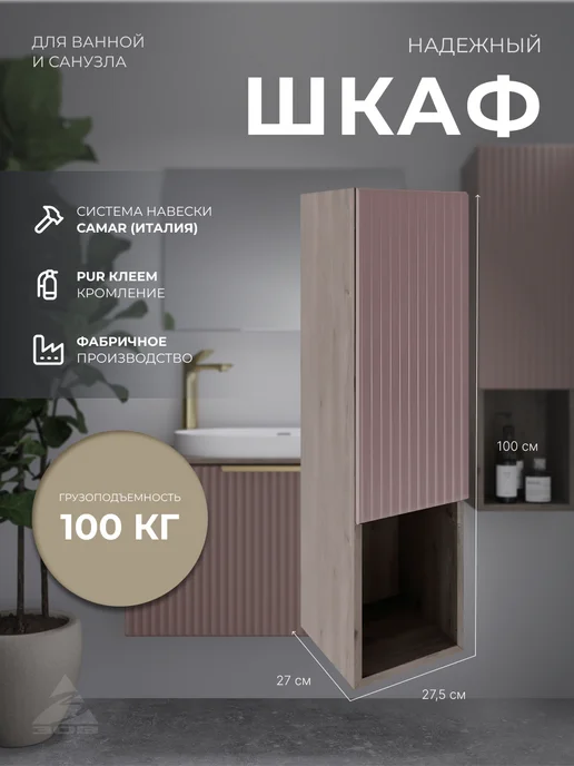 Oliveeka Шкаф навесной для ванной комнаты, фрезерованный фасад, розовый, фото 2