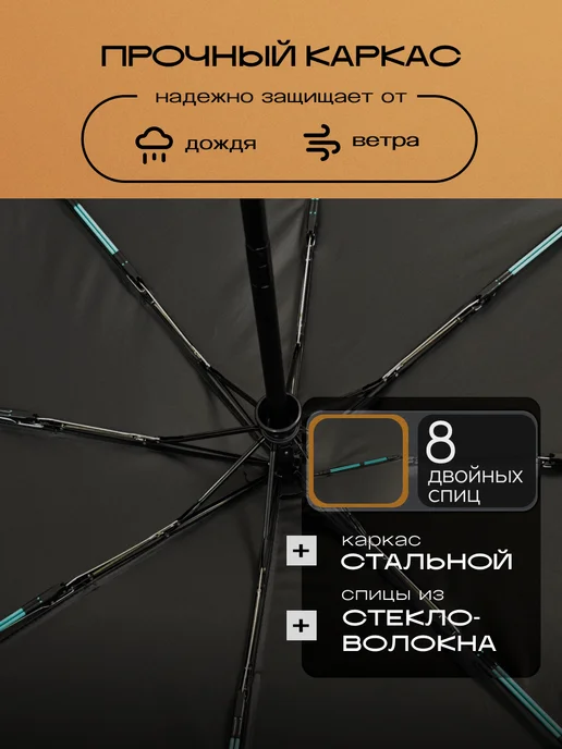 Зонт автомат с системой антиветер и чехлом, черный, фото 3